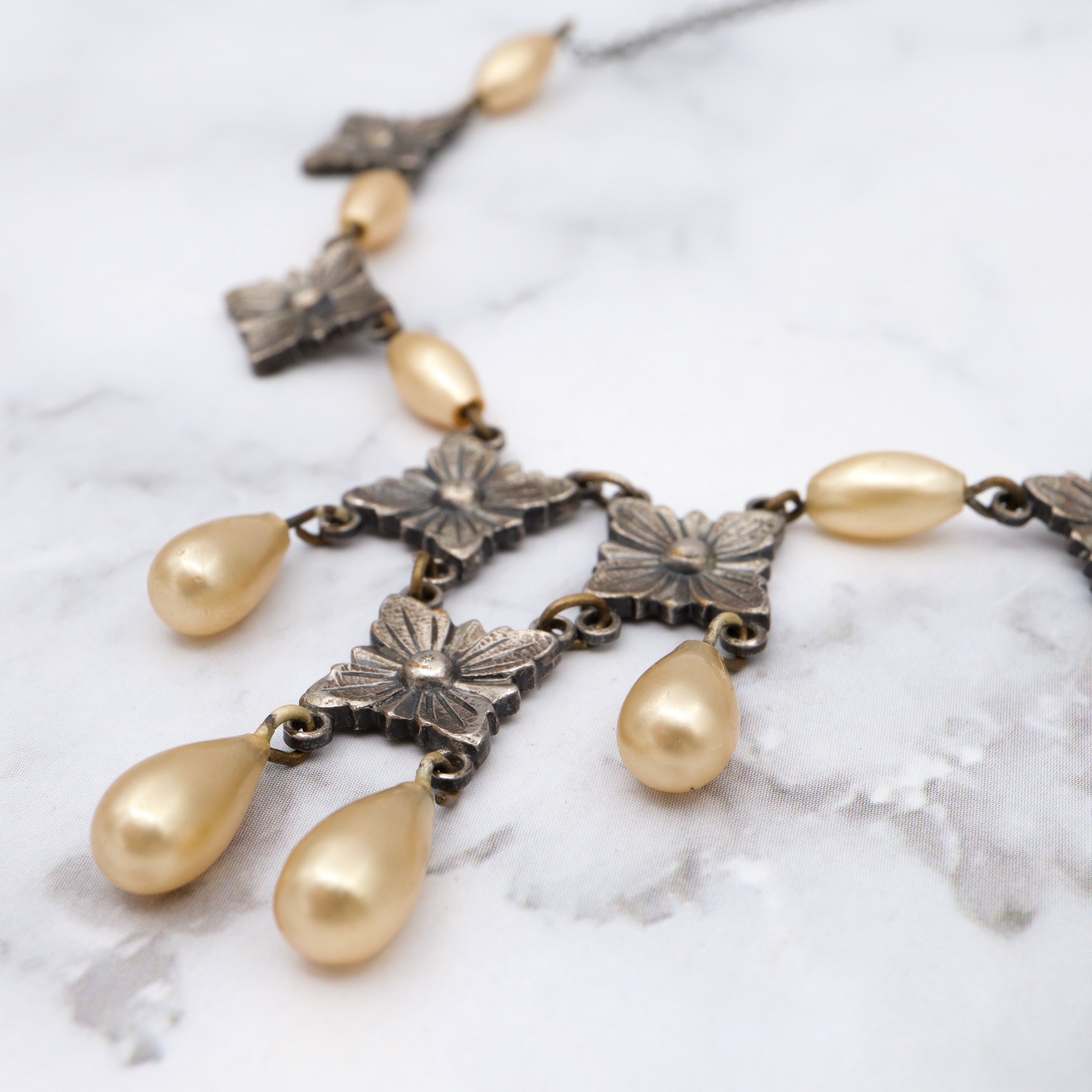 Antique Victorian silver plated brass geometric flower link & faux pearl drop necklace, 15"